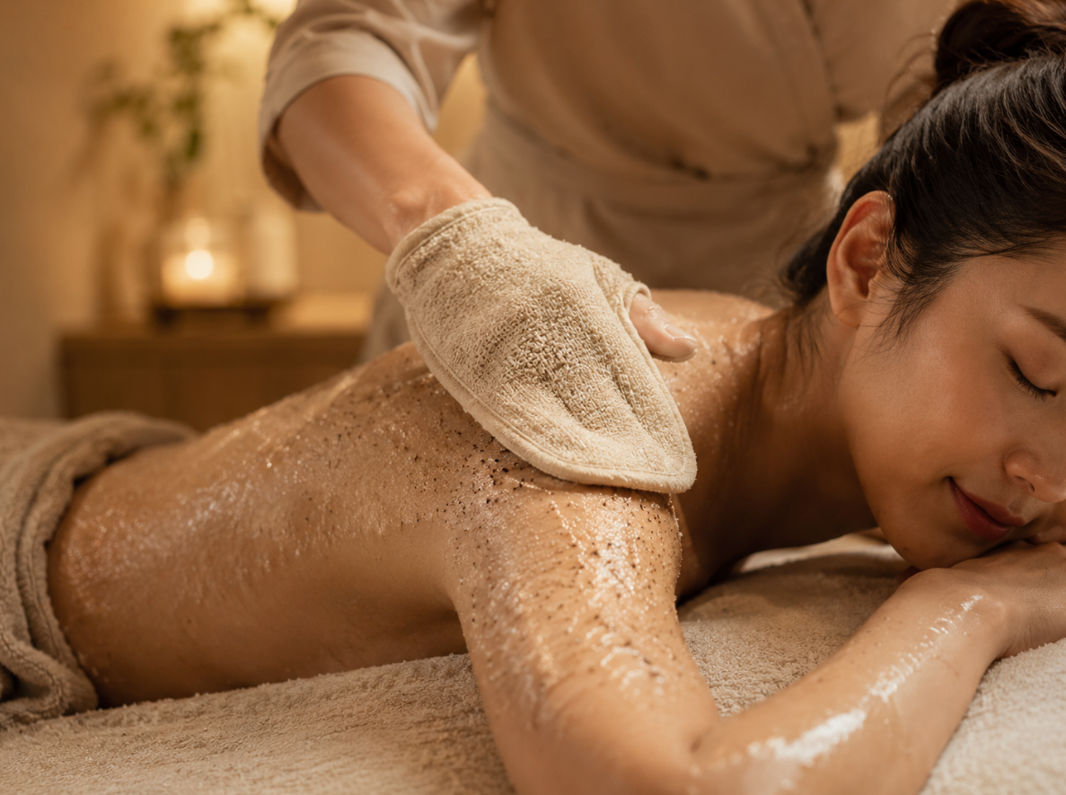 Scrub therapist working the back section by section during a Korean body scrub